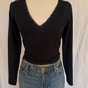 Hollister Y2K Black Wrap Front Lace Trim Long Sleeve Top